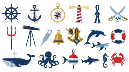 Nautical Icons Collection Sea Life and Maritime Symbols. © Arga
