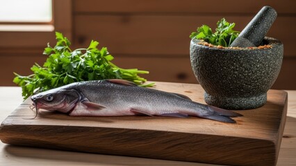 A catfish lies on a wooden cutting board next to parsley and a mortar and pestle