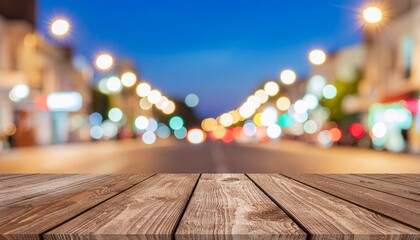 empty brown wooden floor or wood board table with blurred abstract night light bokeh background, copy space for display of product or object presentation