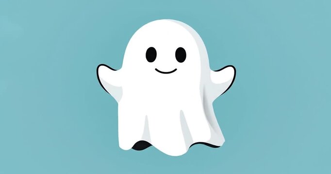 Playful cartoon ghost character floating against a light blue background, evoking a whimsical atmosphere