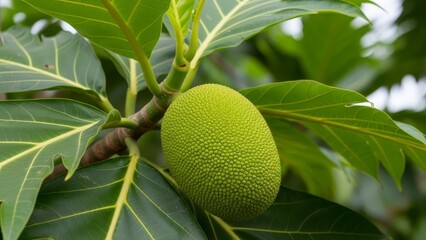 A closeup of breadfruit on a tree branch surrounded by leaves