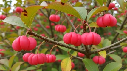 A closeup shows bright pink Euonymus fruits hanging from a branch framed by green leaves with a blurred background