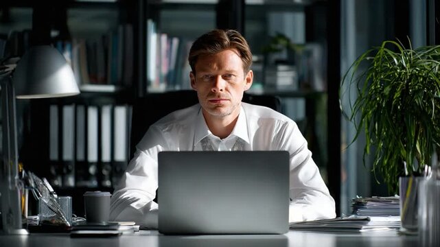 Focused Professional: An astute individual, immersed in thought, working diligently at a modern workspace, with a laptop, exuding professionalism and determination.