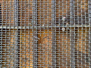 A grid of thick metal wires forms a protective mesh over a rusted orange surface with bolts and intersecting lines creating an industrial weathered geometric pattern