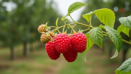 A cluster of ripe red raspberries dangles from a branch amidst green leaves in a blurry orchard backdrop