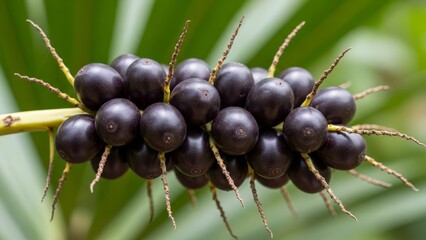 A cluster of dark purple palm fruits attached to a green stem with thin wiry tendrils on a blurred green backdrop