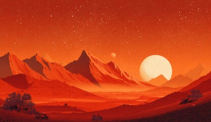A vibrant, fiery landscape with a large, pale moon