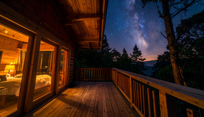 Beautiful Starry Sky with Milky Way and Wooden Cabin Balcony