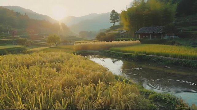 Serene landscape with rice fields and a small pond at sunrise near a traditional house
