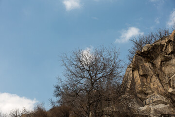Old ruins in the rocks with sky and clouds on Markovo tepe. Plovdiv