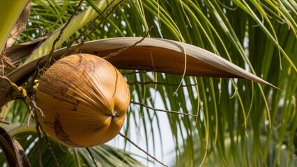 A coconut hangs from a tree branch amidst palm leaves