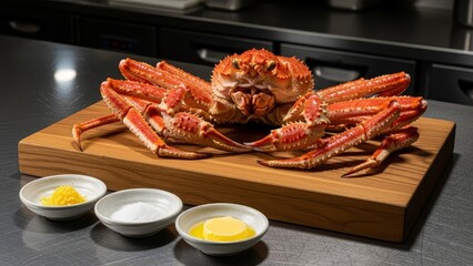 A cooked red crab rests on a wooden cutting board Three small bowls with ingredients are in front of it The background is a modern kitchen surface