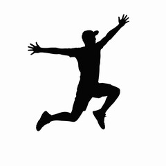 Silhouette of a man in a baseball cap leaping joyfully with arms outstretched, perfect for fitness or success concepts on white.