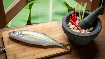 A fish lays on a cutting board next to a mortar and pestle filled with garlic chili peppers and lemongrass