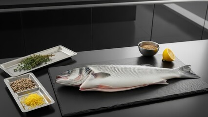 A fish lemon and spices sit on a dark kitchen counter beside metal trays with peppercorns thyme and lemon zest ready to be prepared