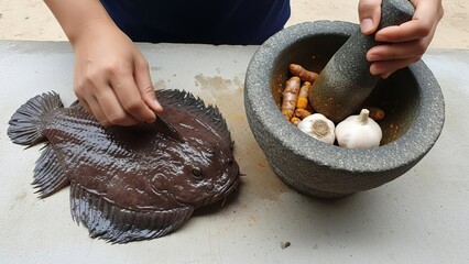 A dark iridescent fish lies beside a stone mortar holding garlic bulbs and turmeric root prepared for cooking