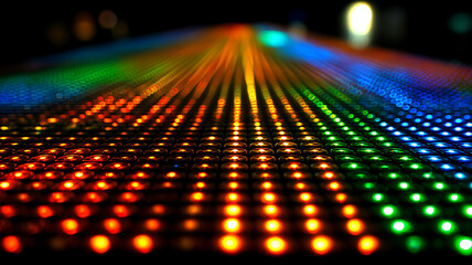 LED light matrix surface illustrating digital display technology data visualization and modern electronic interface concept.