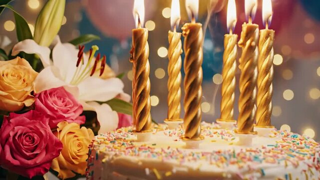 A decorated birthday cake with lit golden candles, near a bouquet of colorful flowers and bokeh