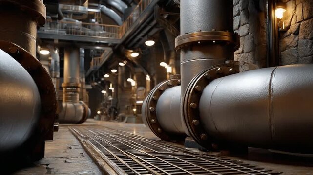 Industrial Infrastructure: An immersive view within an industrial facility showcasing an intricate network of pipes, conduits and mechanical components.