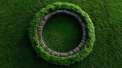 Circular stone garden feature with lush greenery and grass