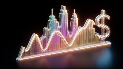 A glowing financial chart with skyscraper shapes and a dollar symbol illustrating market growth, investment trends and economic performance.
