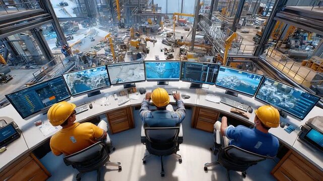 Mastering Industry Control: Technicians monitor complex machinery operations from a high-tech control room, their focus unwavering, as they oversee a vast industrial complex.