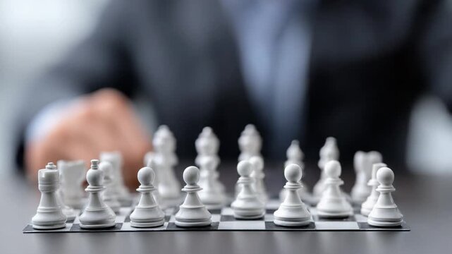 Strategic Thinking in Business: A close-up view captures a chess board with chess pieces, symbolizing strategic planning, decision-making, and competition.
