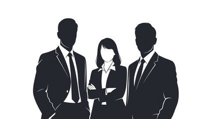 Three business professionals, two men and one woman, stand together in silhouette.