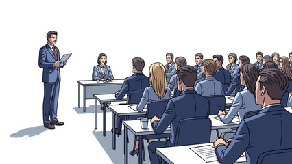 A male presenter stands at the front of a classroom, addressing an audience seated at desks.