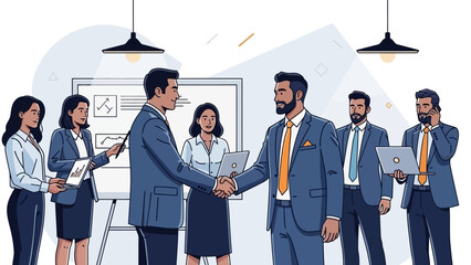 Business professionals shaking hands in a modern office setting with a whiteboard and team members observing.