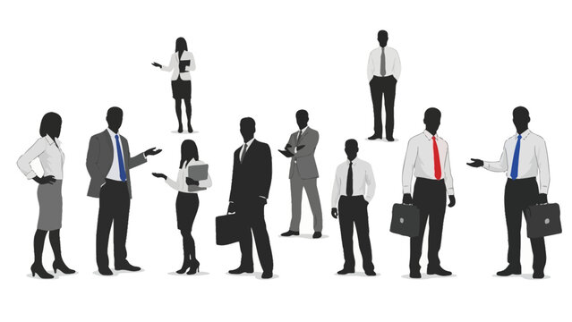 A diverse group of business professionals in silhouette, engaged in various interactions and discussions. - Powered by Adobe