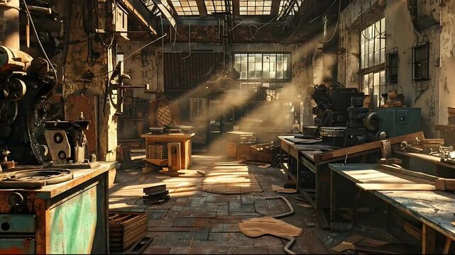 Abandoned workshop interior with machinery and tools scattered around, natural light streaming through windows