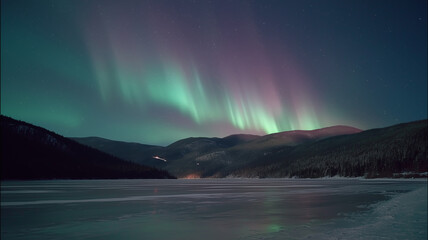 Naklejka premium A northern lights landscape over mountains and frozen lake illustrating natural phenomenon energy and atmospheric science concept. 