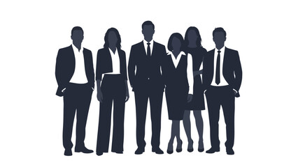 A diverse group of business professionals standing together in a unified stance, showcasing teamwork and collaboration.