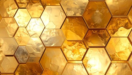 Golden Honeycomb Hexagonal Pattern with Glossy Amber Surface and Tessellated Grid