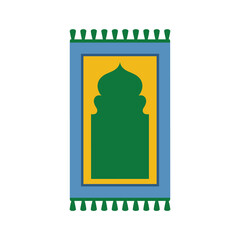 Green mosque silhouette on yellow and blue prayer mat with tassels vector illustration isolated on white background.