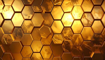 Golden Honeycomb Hexagonal Pattern with Glossy Amber Surface and Tessellated Grid