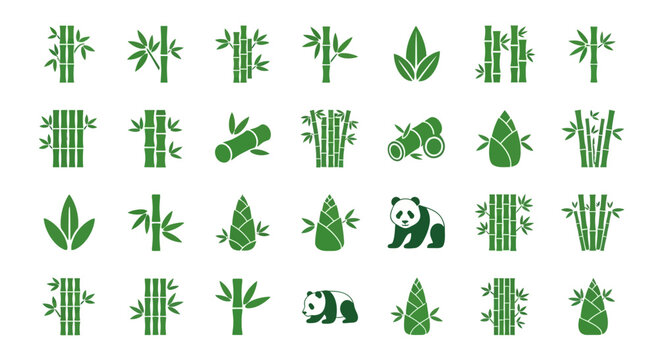 Collection of green bamboo stalk and panda icon variations for graphic design projects or