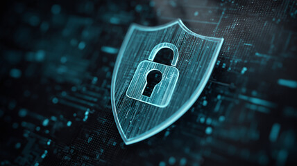 A transparent digital shield with a padlock symbol illustrating network security systems data integrity and cyber protection concepts.
