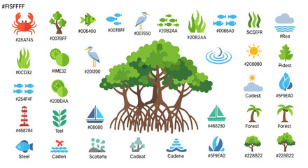 Colorful collection of vector icons representing diverse aquatic and terrestrial ecosystems © punduh