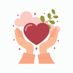 Hands holding red heart with green leaves and pink clouds vector illustration isolated on white background.