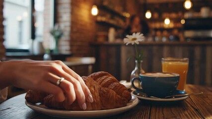 Breakfast scene with croissants coffee and orange juice in cafe