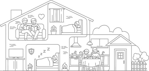 Fototapeta premium Family life inside a cozy home with different activities