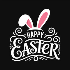 Happy Easter bunny ears on black background with white and pink text