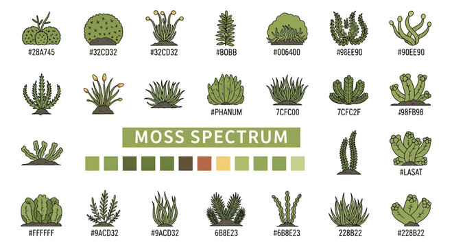 Detailed illustrations depicting various moss species and a spectrum of green hues