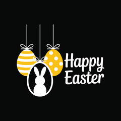 Happy Easter eggs with bunny silhouette on black background yellow eggs vector illustration