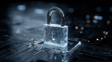 Transparent padlock placed on a circuit board representing cybersecurity protection, data security and digital privacy concept.
