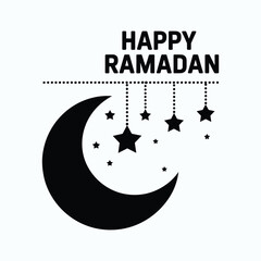 Happy Ramadan crescent moon and stars black and white vector illustration isolated on white background.