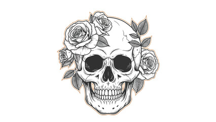 Skull Surrounded by Roses Illustration Portrait. © Rum