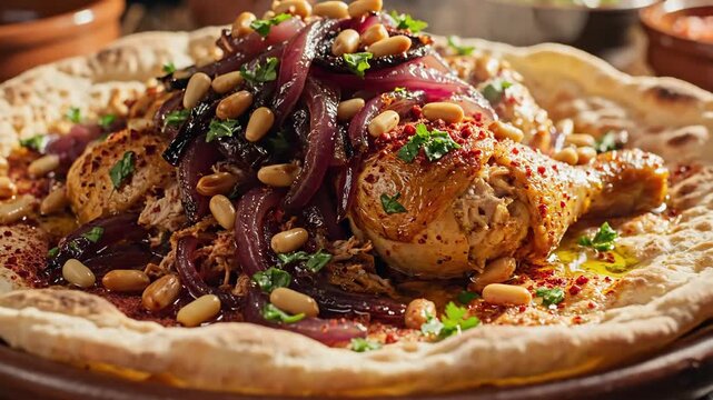 Close up of a chicken dish served on a traditional flatbread